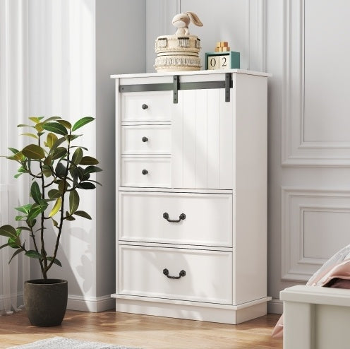 51'' Farmhouse Drawer Chest with Sliding Door & 5 Drawers