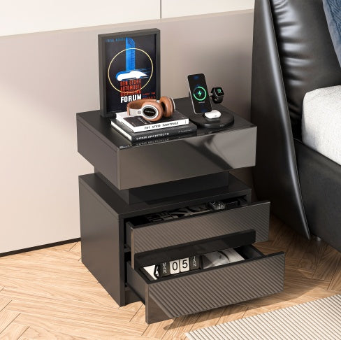 LED Black Nightstand with 2 High Gloss Drawers