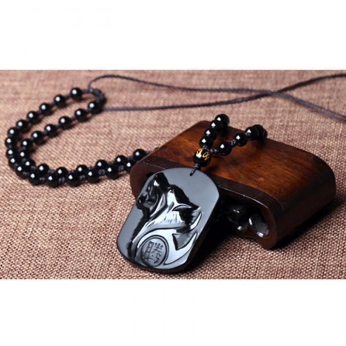 Obsidian Wolf Head Amulet Necklace - Lucky Men's Jewellery