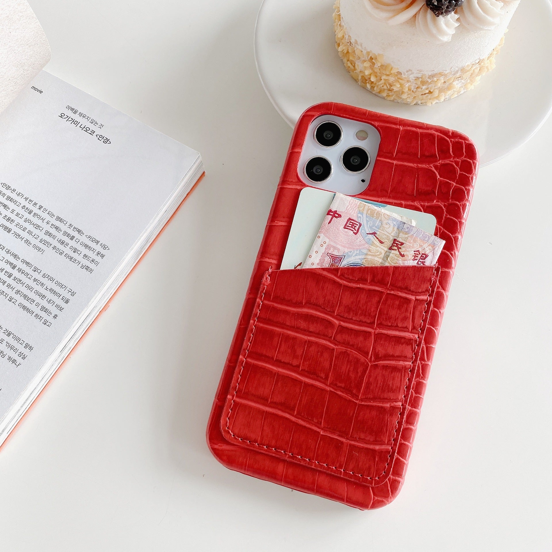 Leather crocodile-striped card case