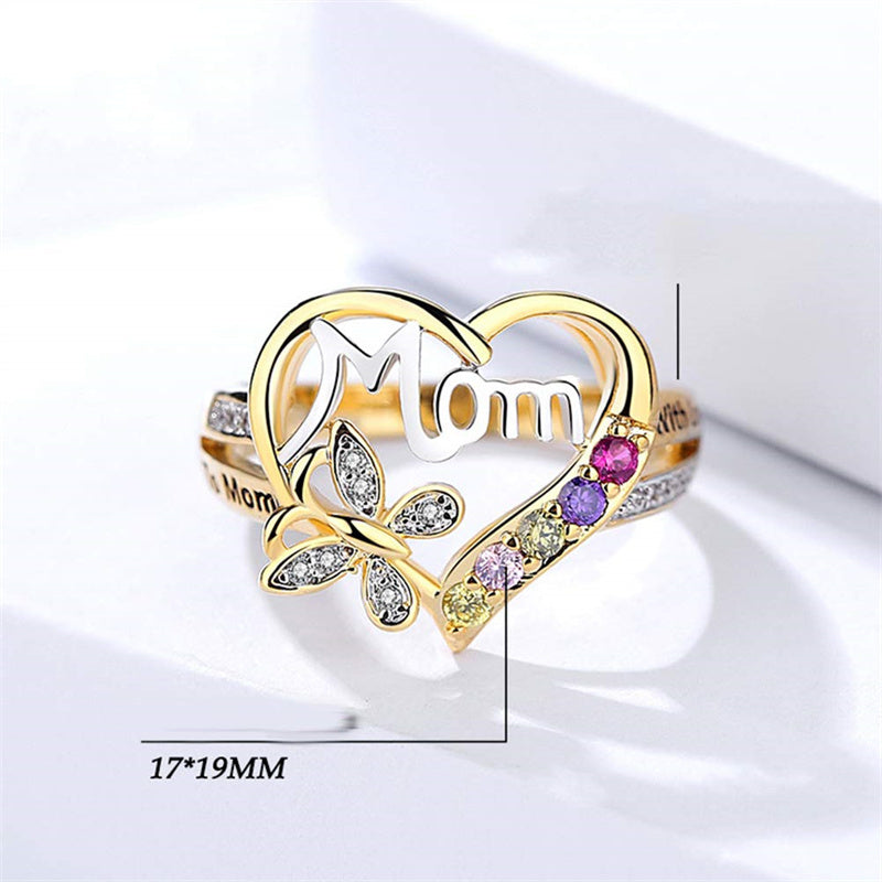 Mom Rhinestone Butterfly Heart Ring - Mother's Day Gift
