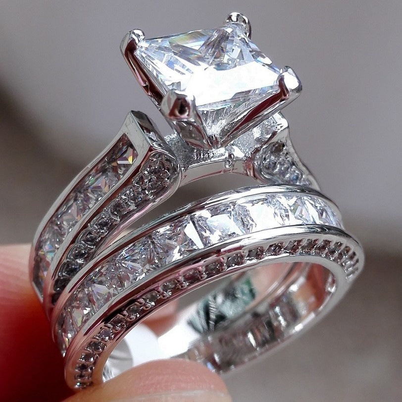 Silver Princess Cut CZ Couple Rings - Wedding & Promise Set