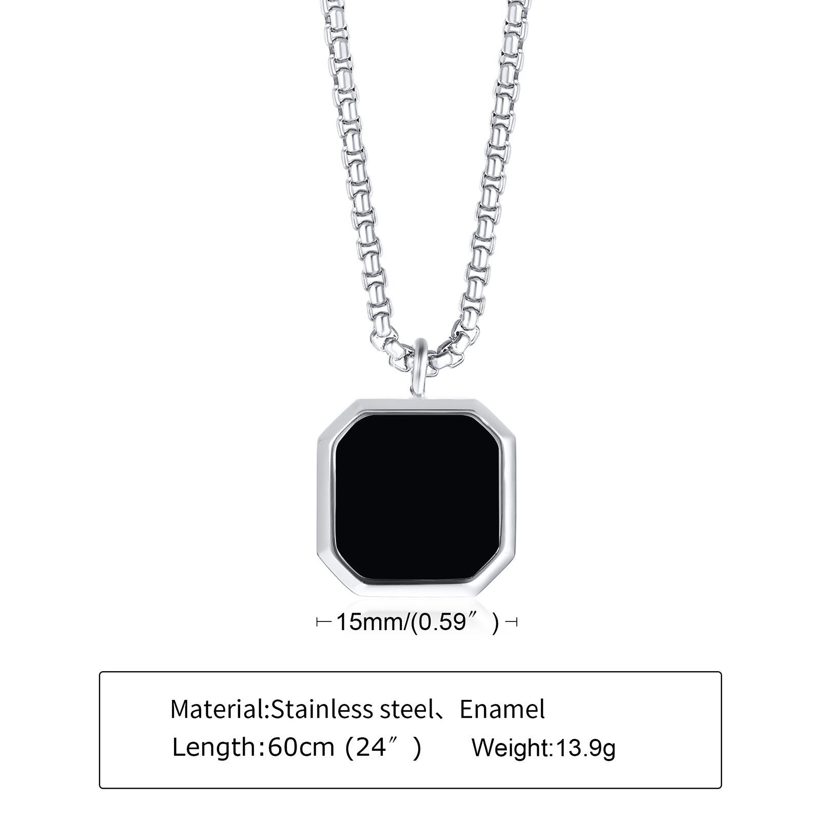 Stainless Steel Square Plate Pendant Black Epoxy Necklace