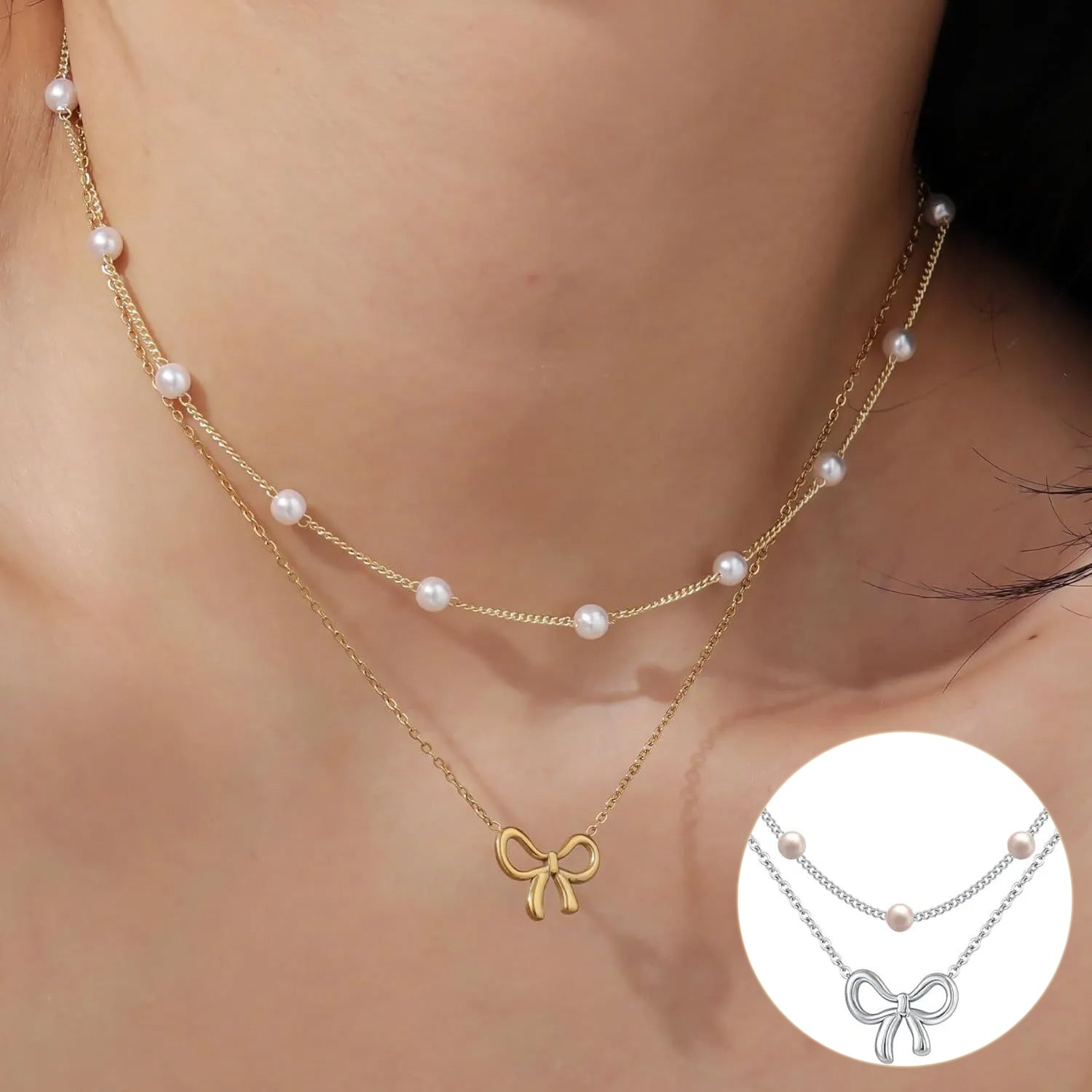 Double Layer Pearl Bow Pendant Necklace