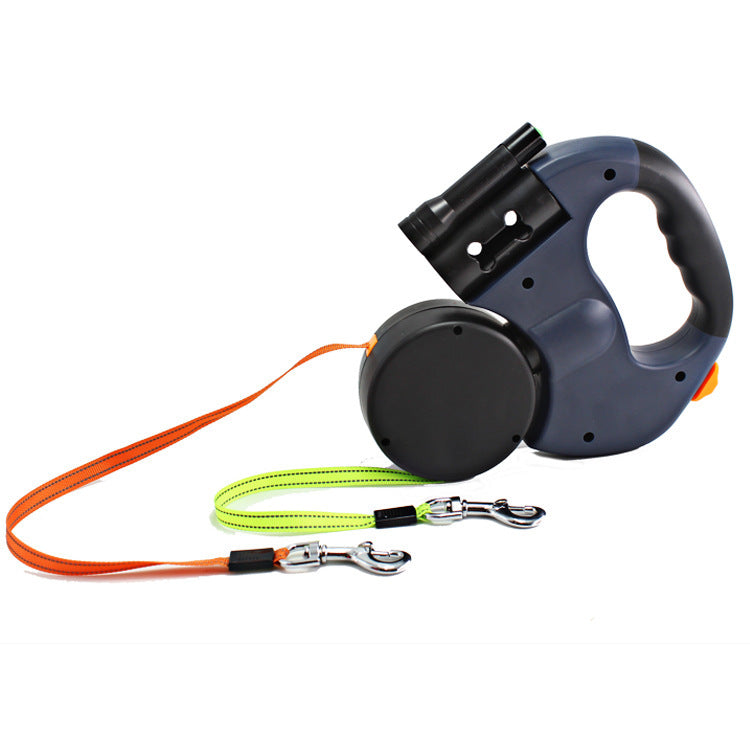 Dual-Headed Retractable Dog Leash with Flashlight & Waste Bag Holder