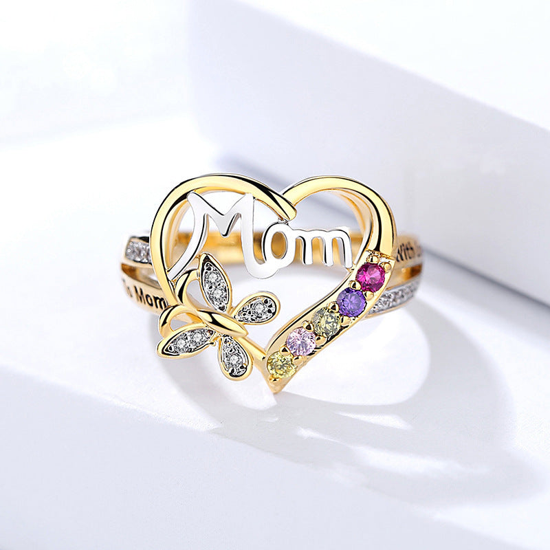 Mom Rhinestone Butterfly Heart Ring - Mother's Day Gift