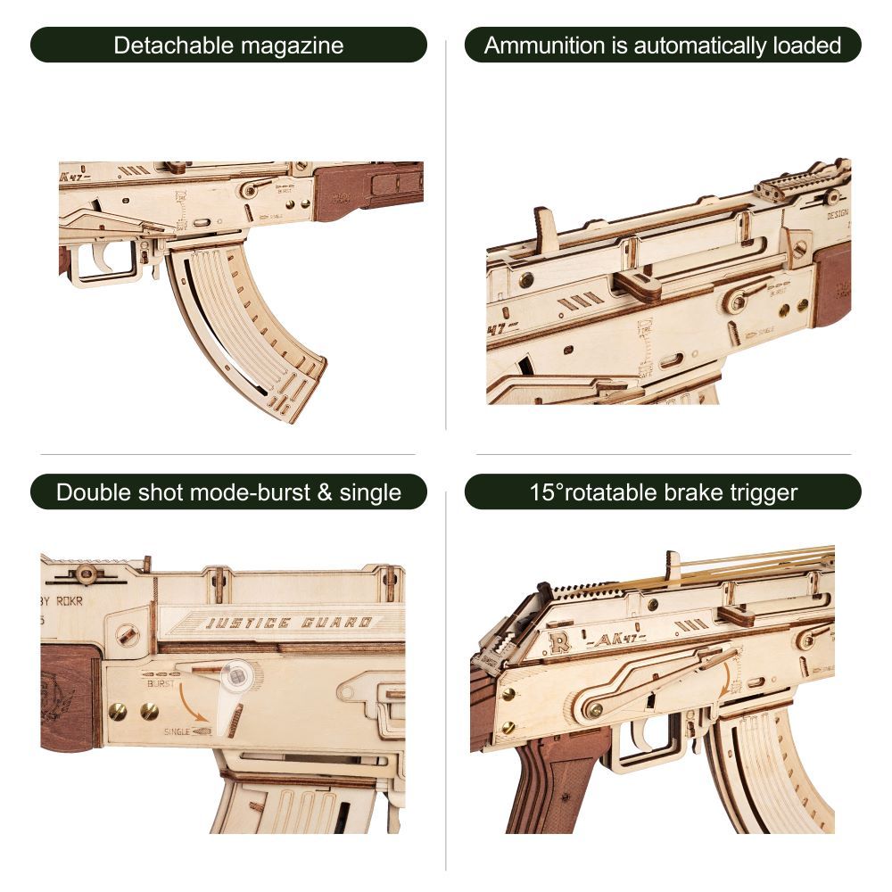 Rokr AK-47 3D Wooden DIY Toy Gun – Automatic & Manual Firing