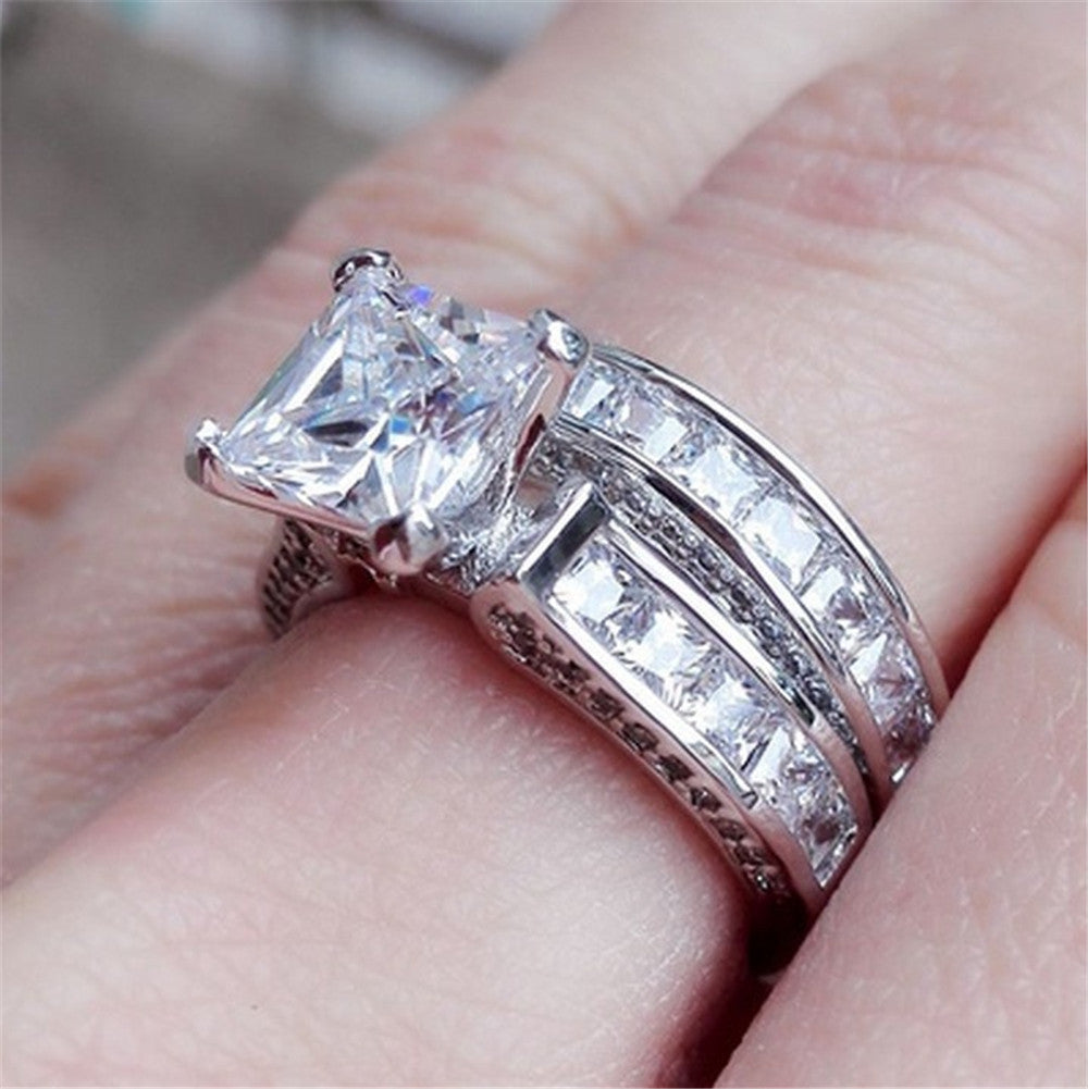 Silver Princess Cut CZ Couple Rings - Wedding & Promise Set