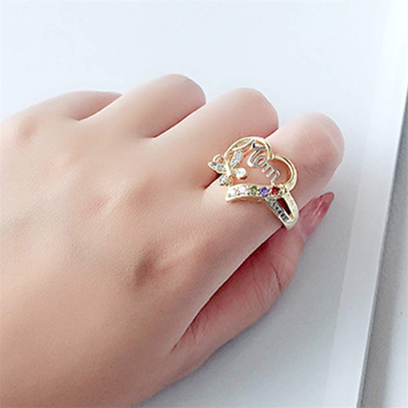 Mom Rhinestone Butterfly Heart Ring - Mother's Day Gift