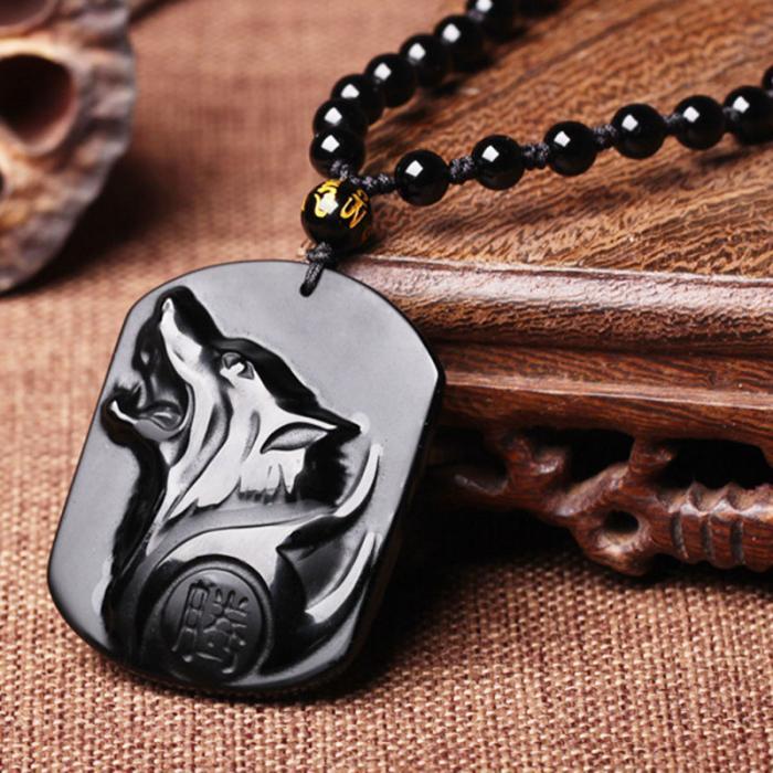 Obsidian Wolf Head Amulet Necklace - Lucky Men's Jewellery