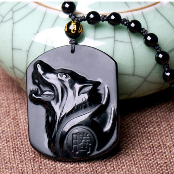 Obsidian Wolf Head Amulet Necklace - Lucky Men's Jewellery