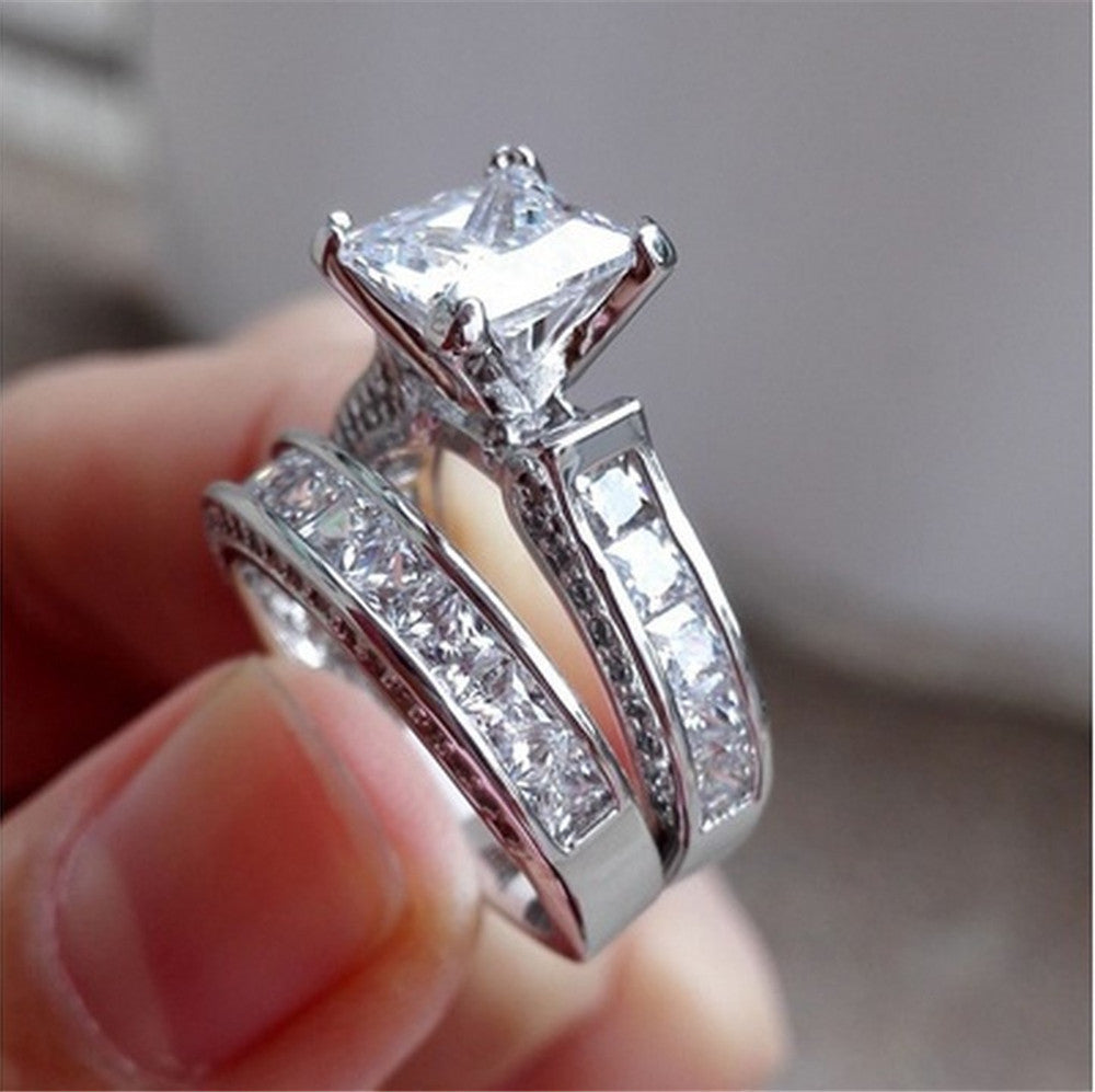 Silver Princess Cut CZ Couple Rings - Wedding & Promise Set