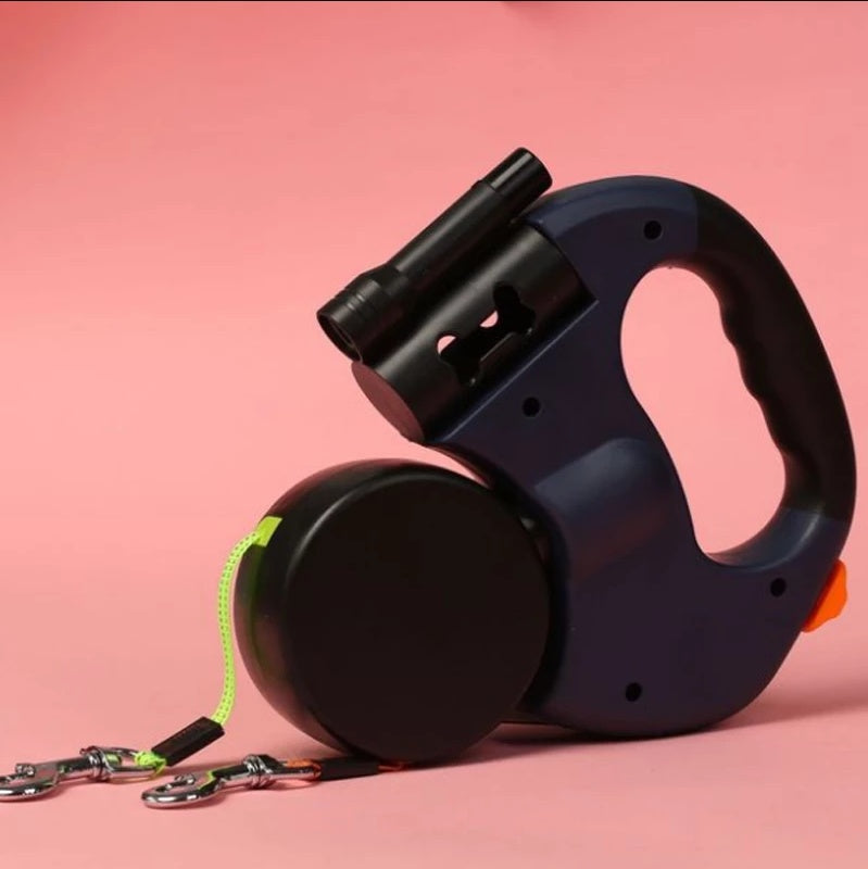 Dual-Headed Retractable Dog Leash with Flashlight & Waste Bag Holder
