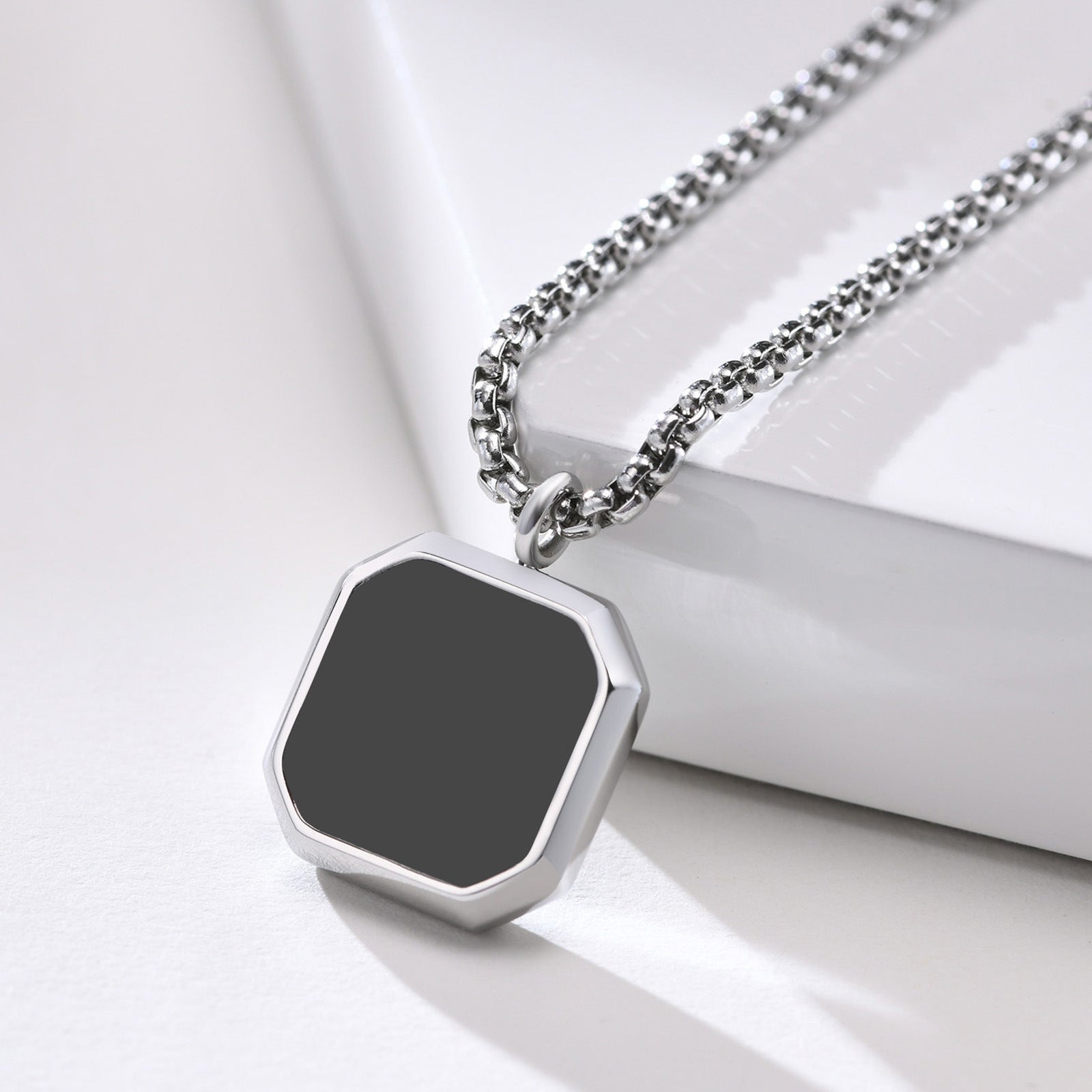 Stainless Steel Square Plate Pendant Black Epoxy Necklace