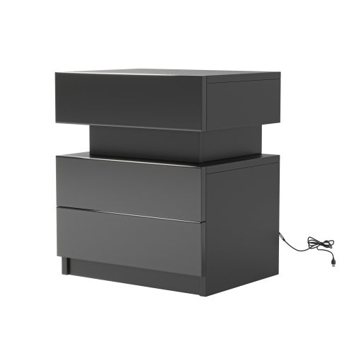 LED Black Nightstand with 2 High Gloss Drawers