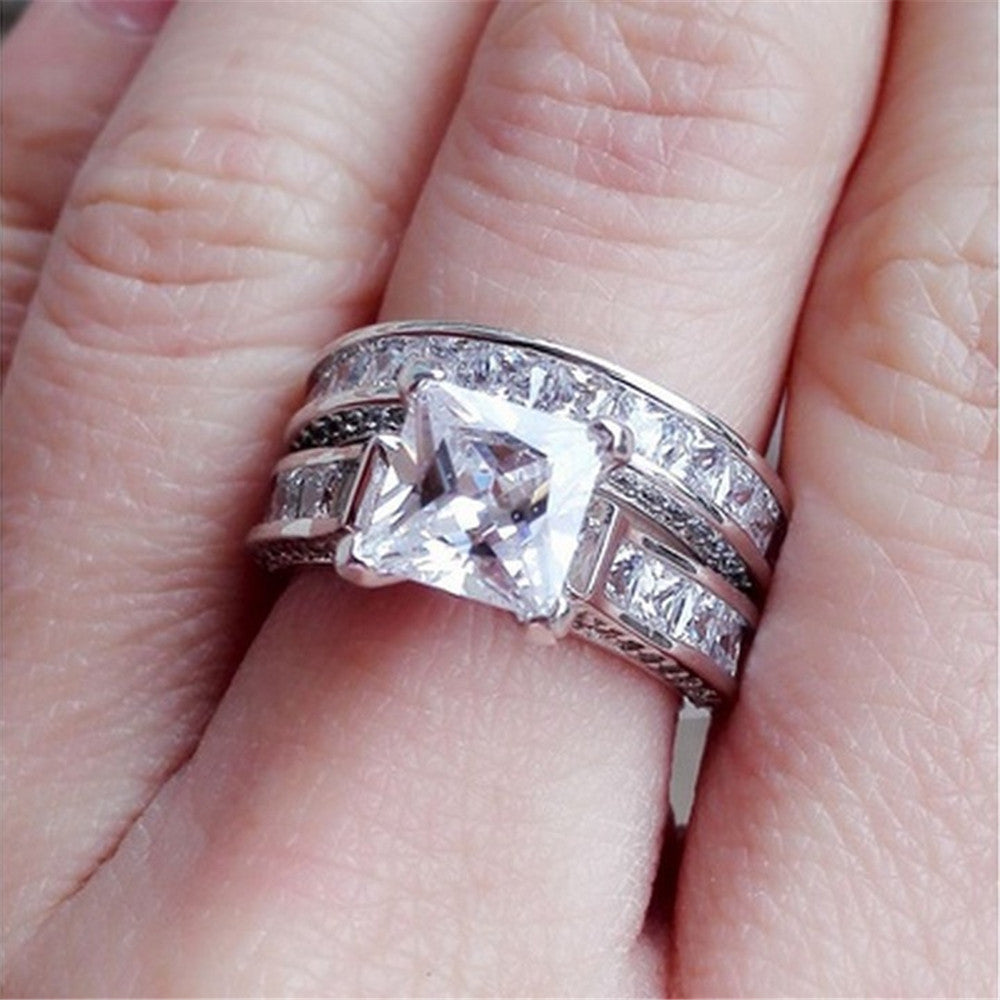Silver Princess Cut CZ Couple Rings - Wedding & Promise Set