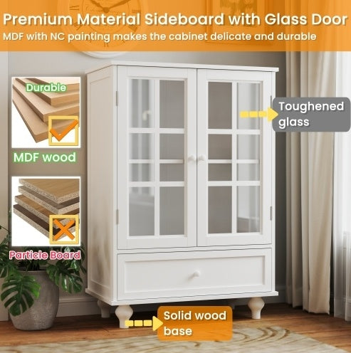 Minimalist White Buffet Cabinet with Glass Doors & Drawer