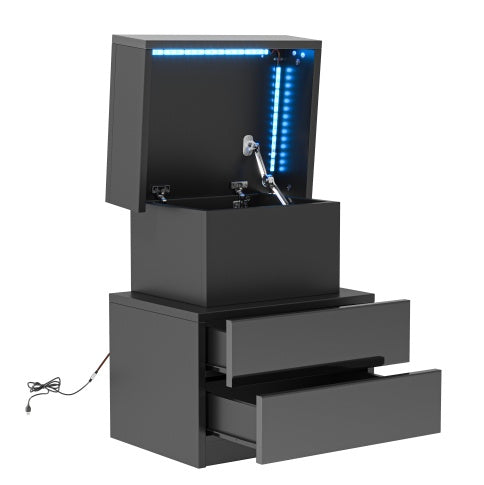 LED Black Nightstand with 2 High Gloss Drawers
