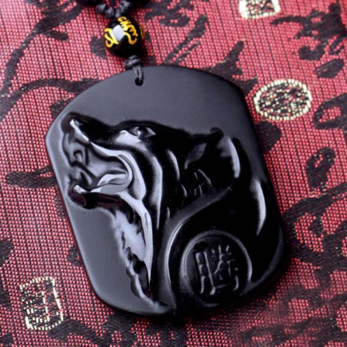 Obsidian Wolf Head Amulet Necklace - Lucky Men's Jewellery