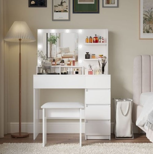 37" White Makeup Vanity Desk Set with Mirror & Stool