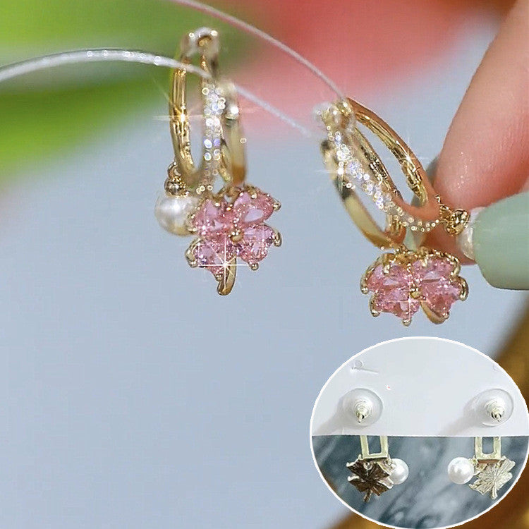 Purple Crystal Four-leaf Flower Pearl Ear Clip Earrings