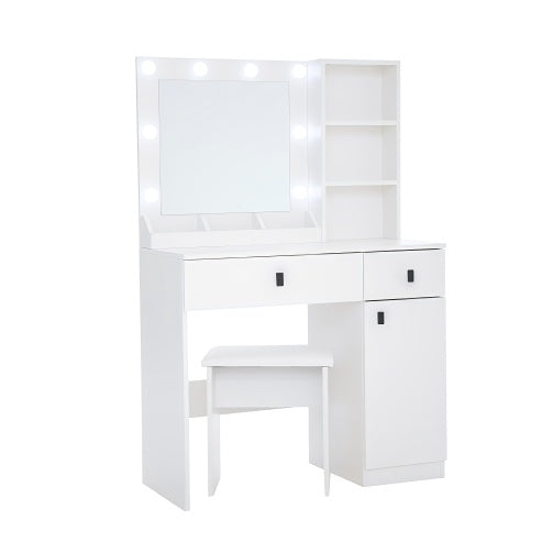 37" White Makeup Vanity Desk Set with Mirror & Stool
