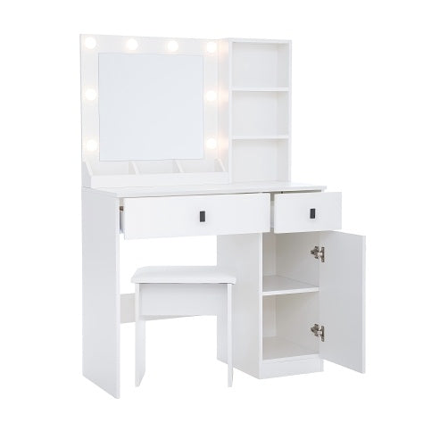 37" White Makeup Vanity Desk Set with Mirror & Stool