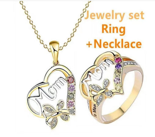 Mom Rhinestone Butterfly Heart Ring - Mother's Day Gift