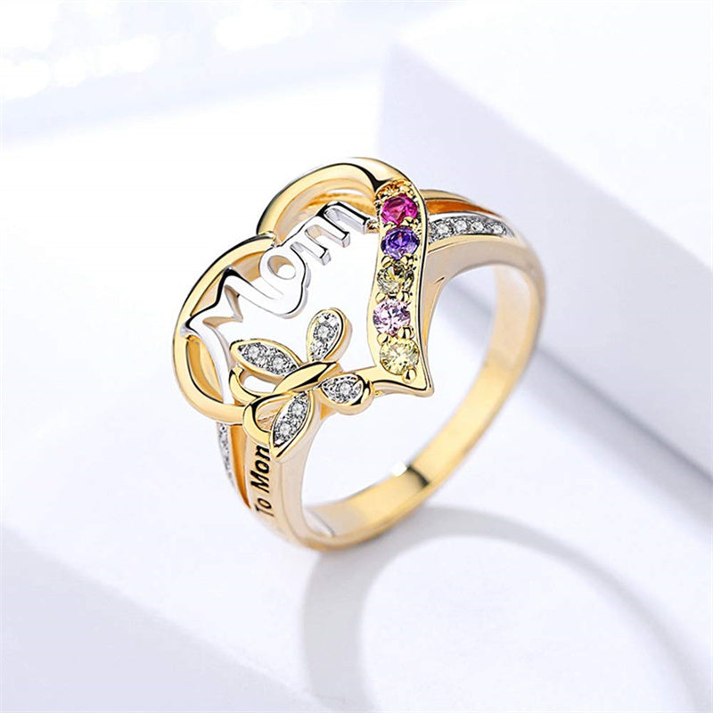 Mom Rhinestone Butterfly Heart Ring - Mother's Day Gift