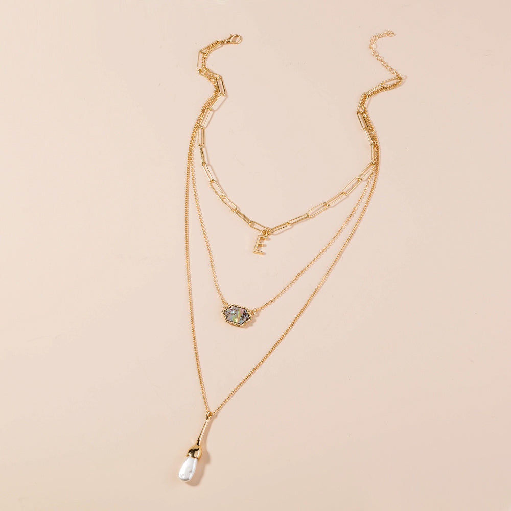 Diamond Abalone Shell Pearl Layered Necklace