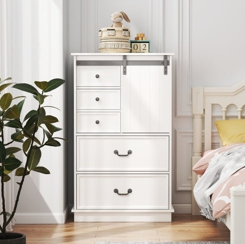 51'' Farmhouse Drawer Chest with Sliding Door & 5 Drawers