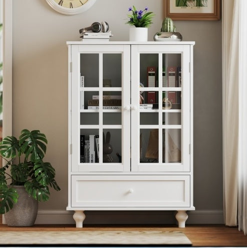Minimalist White Buffet Cabinet with Glass Doors & Drawer