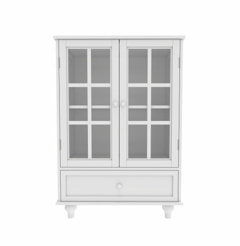 Minimalist White Buffet Cabinet with Glass Doors & Drawer