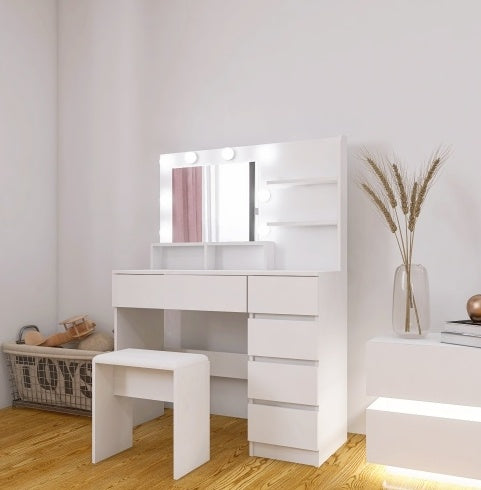 37" White Makeup Vanity Desk Set with Mirror & Stool