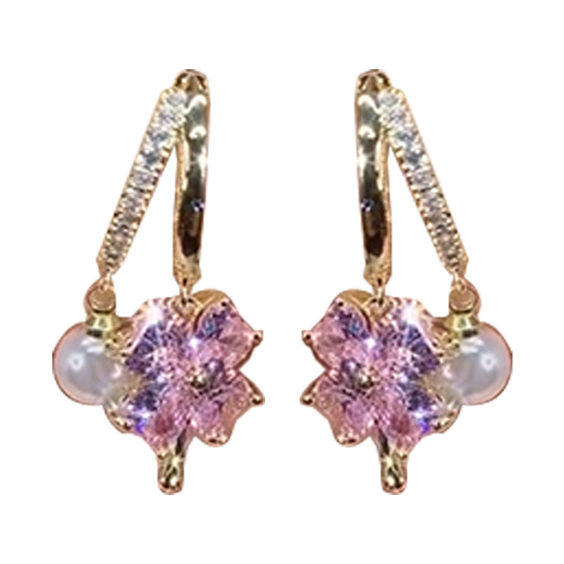 Purple Crystal Four-leaf Flower Pearl Ear Clip Earrings