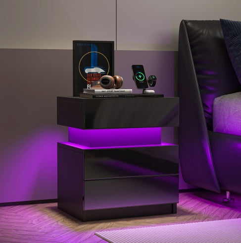 LED Black Nightstand with 2 High Gloss Drawers