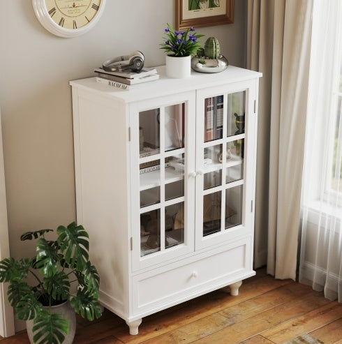 Minimalist White Buffet Cabinet with Glass Doors & Drawer
