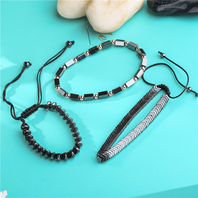 Men's Black Iron Stone Woven Bracelet Set
