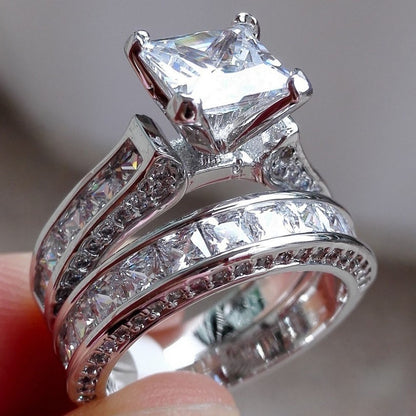 Silver Princess Cut CZ Couple Rings - Wedding & Promise Set