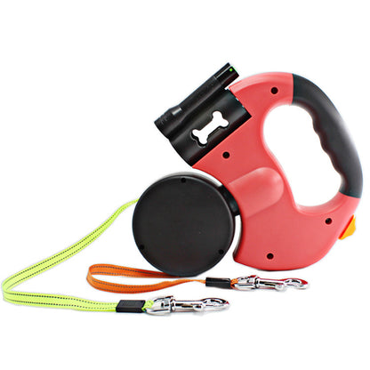 Dual-Headed Retractable Dog Leash with Flashlight & Waste Bag Holder
