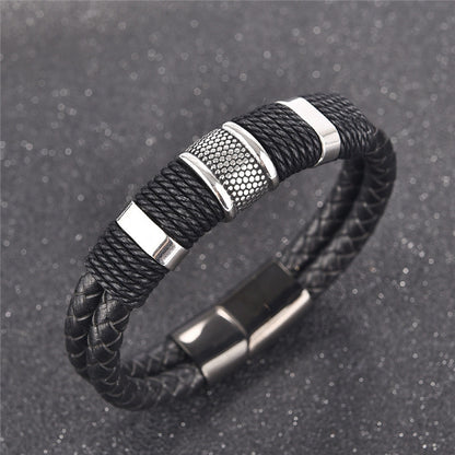 Black Braided Leather & Titanium Steel Men's Bracelet