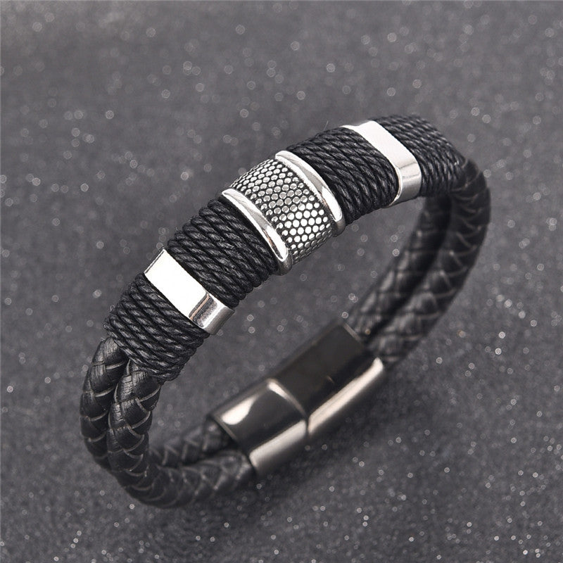 Black Braided Leather & Titanium Steel Men's Bracelet