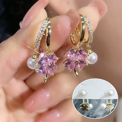 Purple Crystal Four-leaf Flower Pearl Ear Clip Earrings