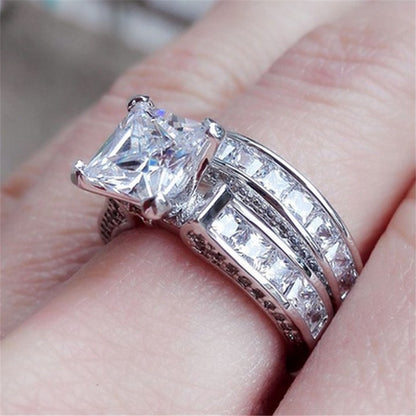 Silver Princess Cut CZ Couple Rings - Wedding & Promise Set