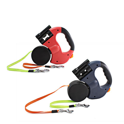 Dual-Headed Retractable Dog Leash with Flashlight & Waste Bag Holder