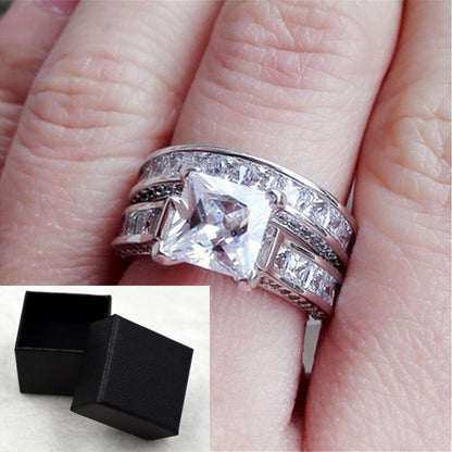 Silver Princess Cut CZ Couple Rings - Wedding & Promise Set
