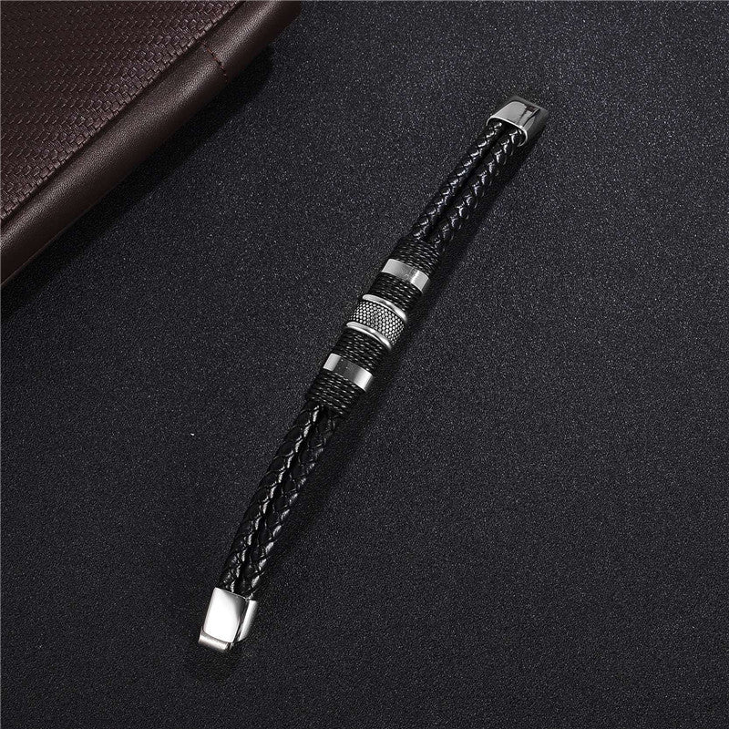 Black Braided Leather & Titanium Steel Men's Bracelet