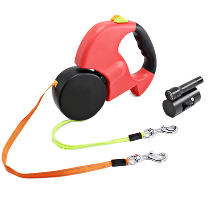 Dual-Headed Retractable Dog Leash with Flashlight & Waste Bag Holder