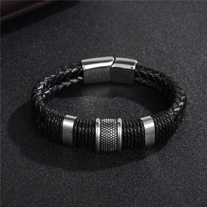 Black Braided Leather & Titanium Steel Men's Bracelet