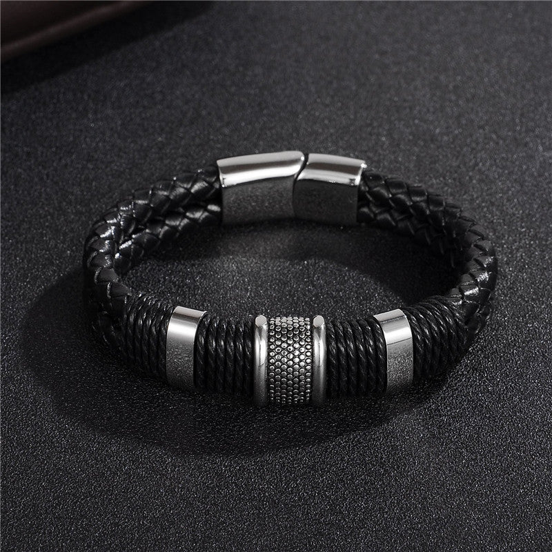 Black Braided Leather & Titanium Steel Men's Bracelet